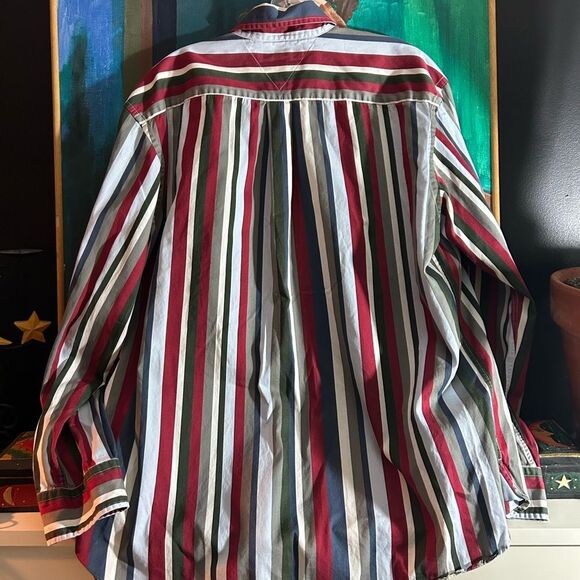 Vintage Y2K Tommy Hilfiger Red and Blue Striped Men's Shirt XL - Picture 9 of 16